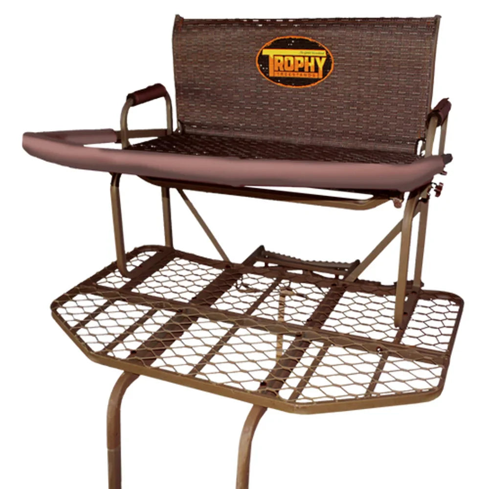 Trophy Treestands Samson tree stand front view showing padded seat, woven backrest with logo, and mesh platform