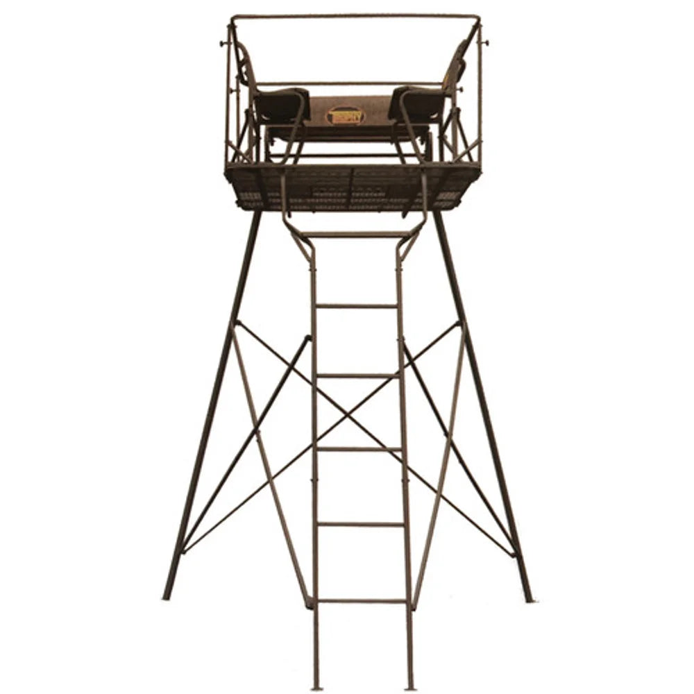 Trophy Treestands SkyFort two-person elevated tower deer stand, full front view on white background