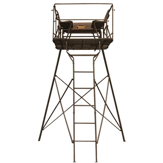 Trophy Treestands SkyFort two-person elevated tower deer stand, full front view on white background