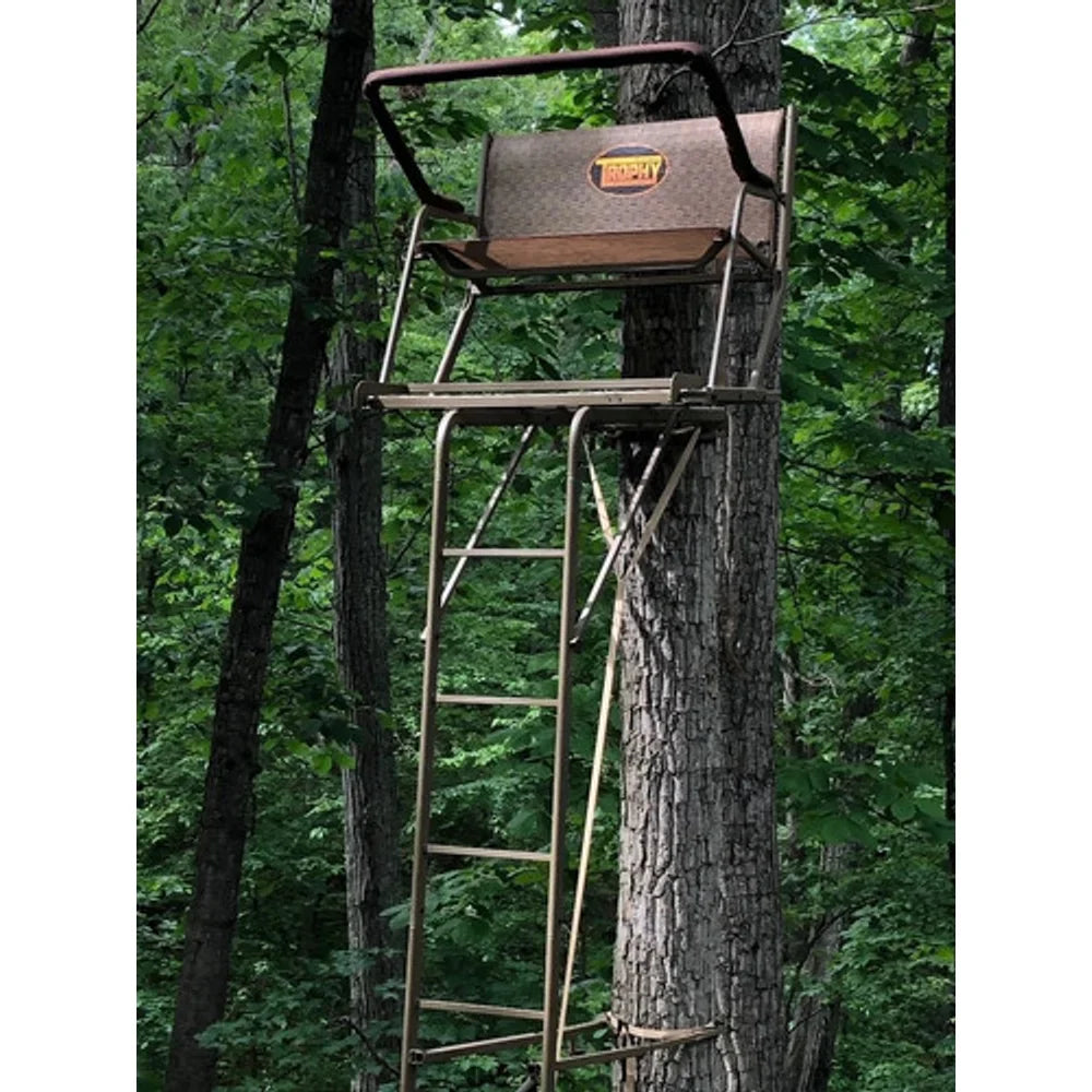 Trophy Treestands Skywalker ladder stand set up on a tree in green wooded area