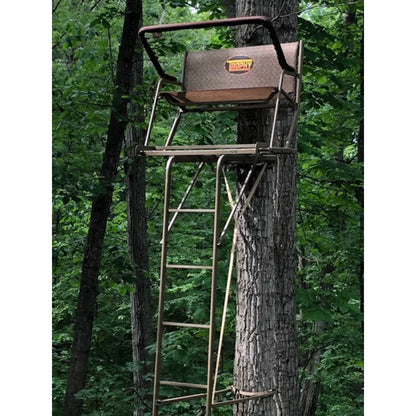 Trophy Treestands Skywalker ladder stand set up on a tree in green wooded area