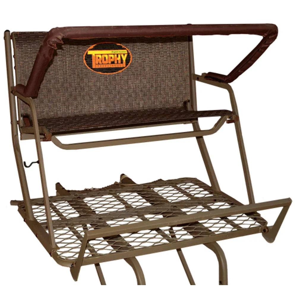 Trophy Treestands Skywalker ladder stand close-up of padded shooting rail, mesh seat, and platform