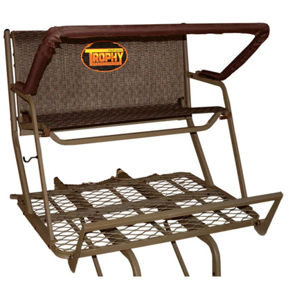 Trophy Treestands Skywalker ladder stand close-up of padded shooting rail, mesh seat, and platform