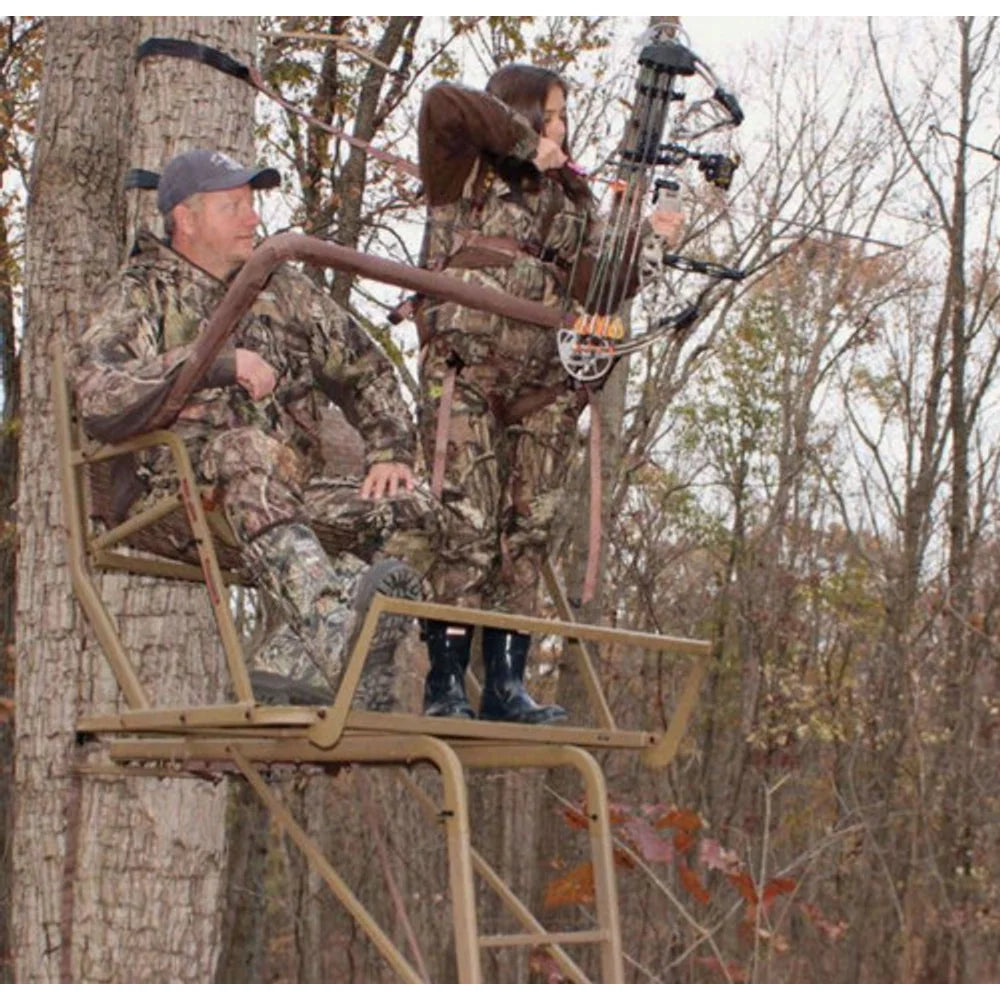Two hunters using Trophy Treestands Skywalker two-person ladder stand, one drawing a compound bow