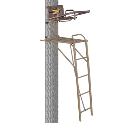 Trophy Treestands Spartan ladder stand mounted on tree, front view showing seat, shooting rail and ladder