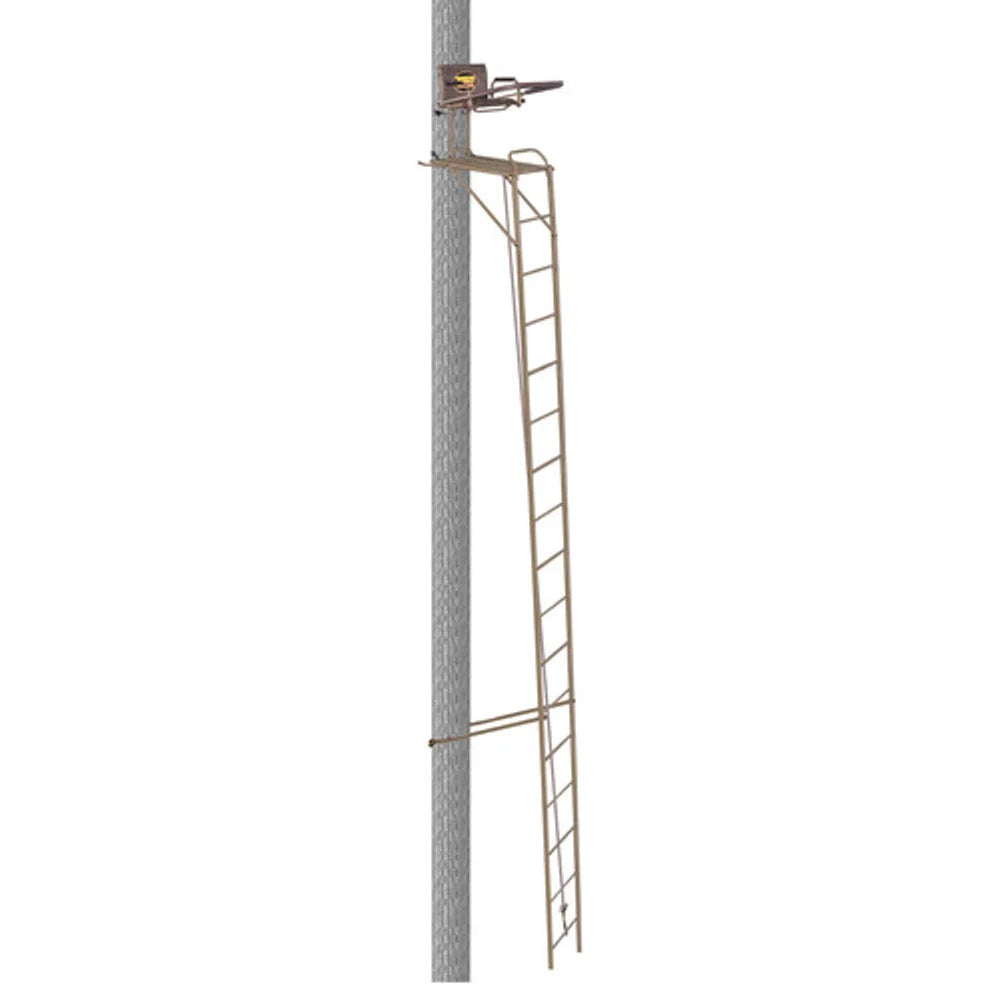 Trophy Treestands Spartan ladder stand full-height side profile attached to tree