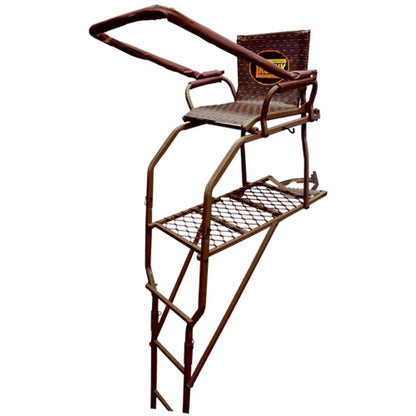 Trophy Treestands Strike Eagle ladder stand, front studio view showing seat, shooting rail and platform