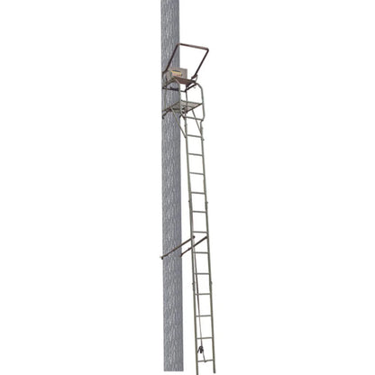 Trophy Treestands Strike Eagle ladder stand full-height view attached to tree showing ladder sections