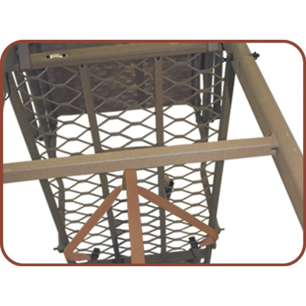 Close-up of Trophy Treestands Strike Eagle expanded metal mesh platform and stabilizer bar