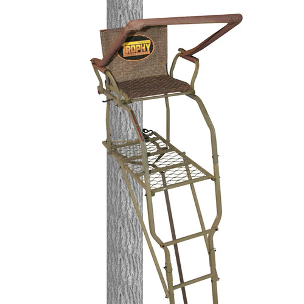 Trophy Treestands Strike Eagle ladder stand shown mounted to a tree, side profile view