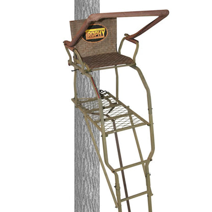 Trophy Treestands Strike Eagle ladder stand shown mounted to a tree, side profile view