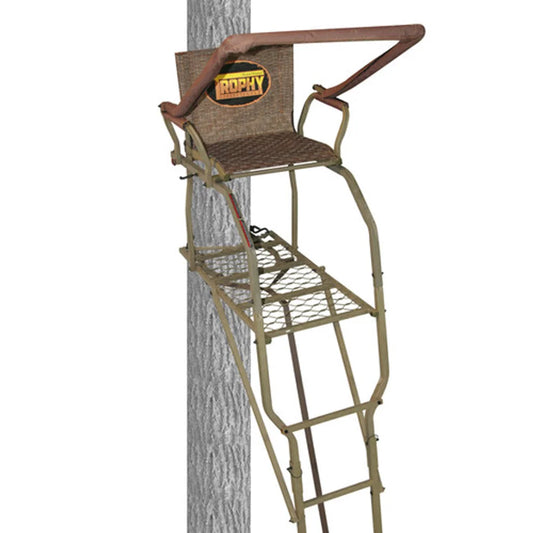Trophy Treestands Strike Eagle ladder stand shown mounted to a tree, side profile view