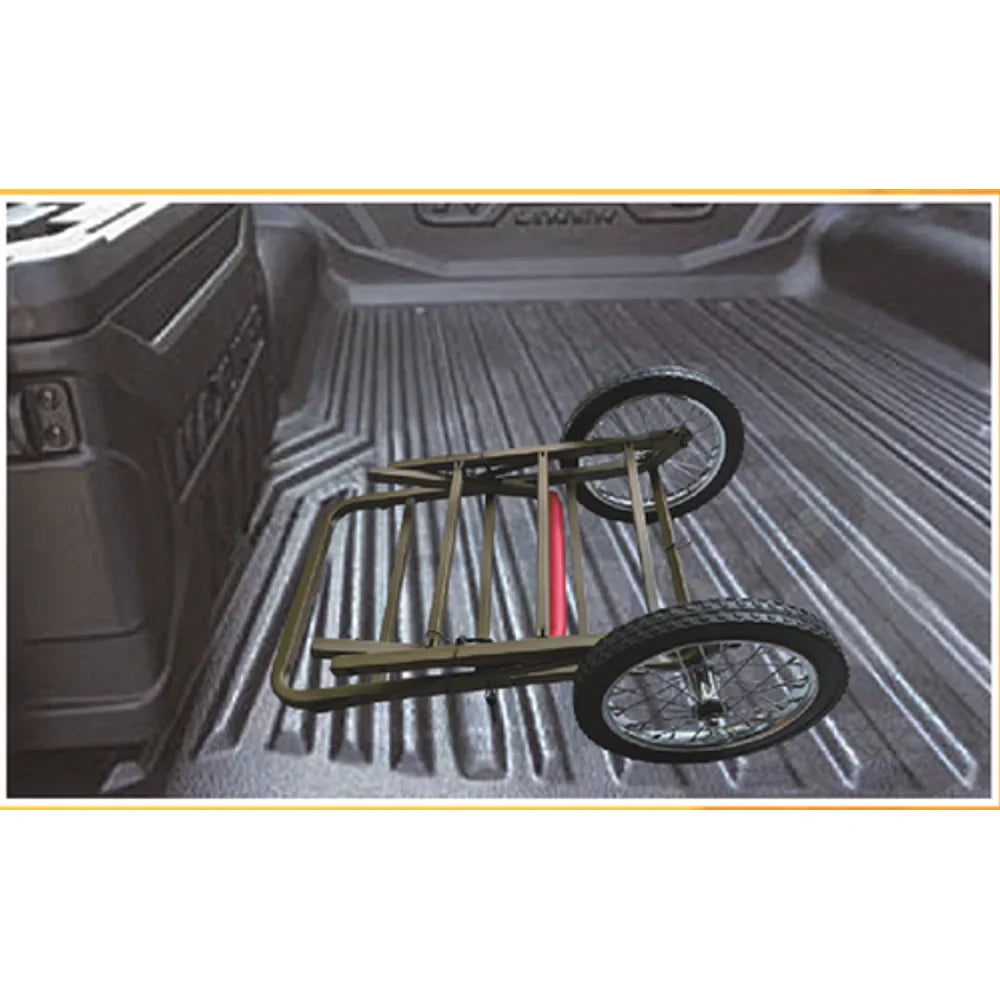 Trophy Treestands Trophy Game Cart shown folded down in a pickup truck bed for transport
