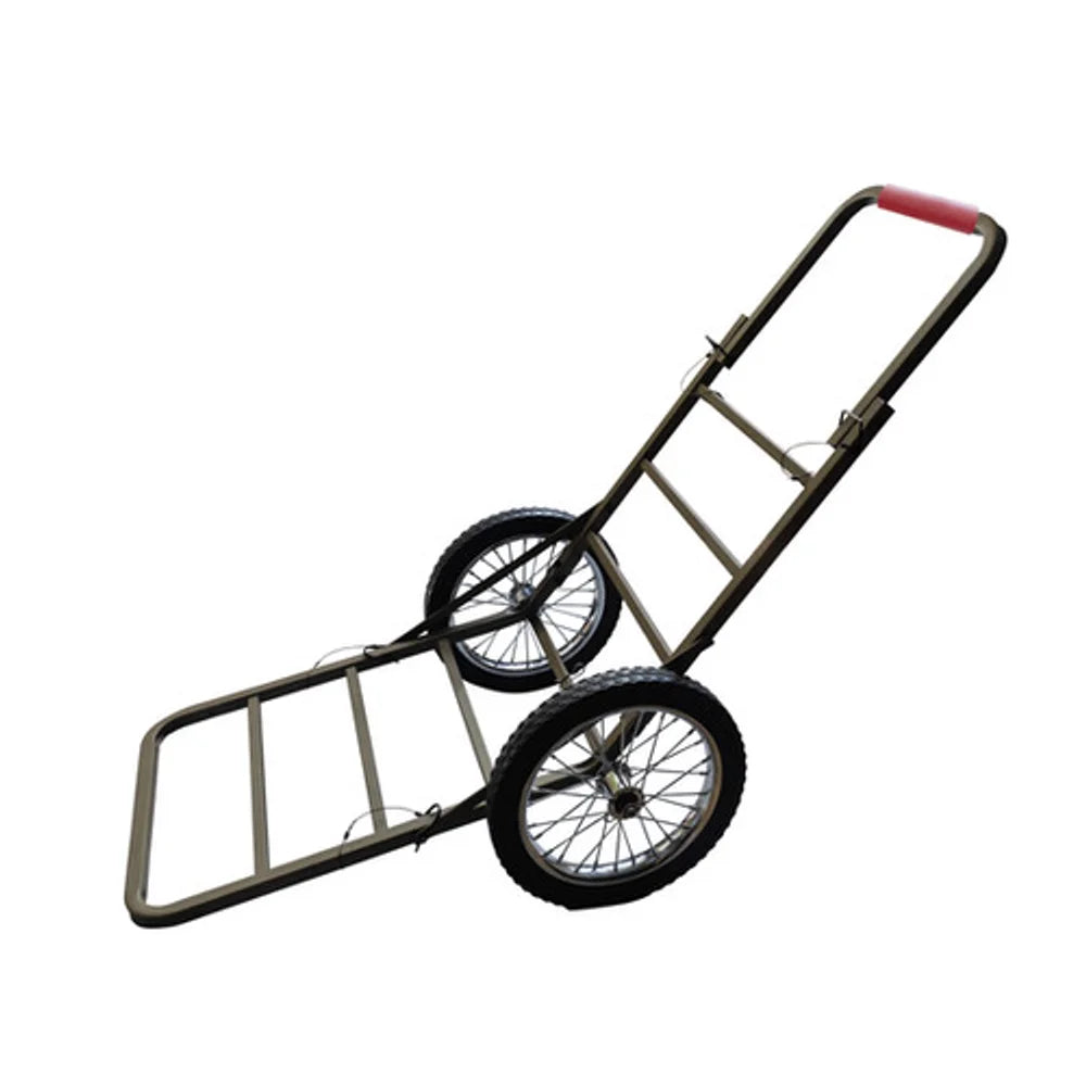 Trophy Treestands Trophy Game Cart, full side view with two spoked wheels on white background