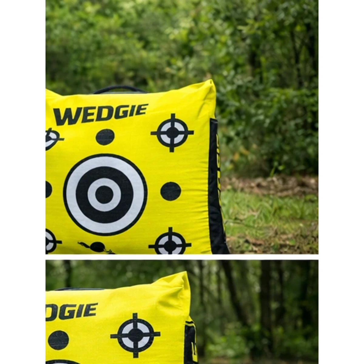 Yellow Wedgie product with black and white target design against a green outdoor background.