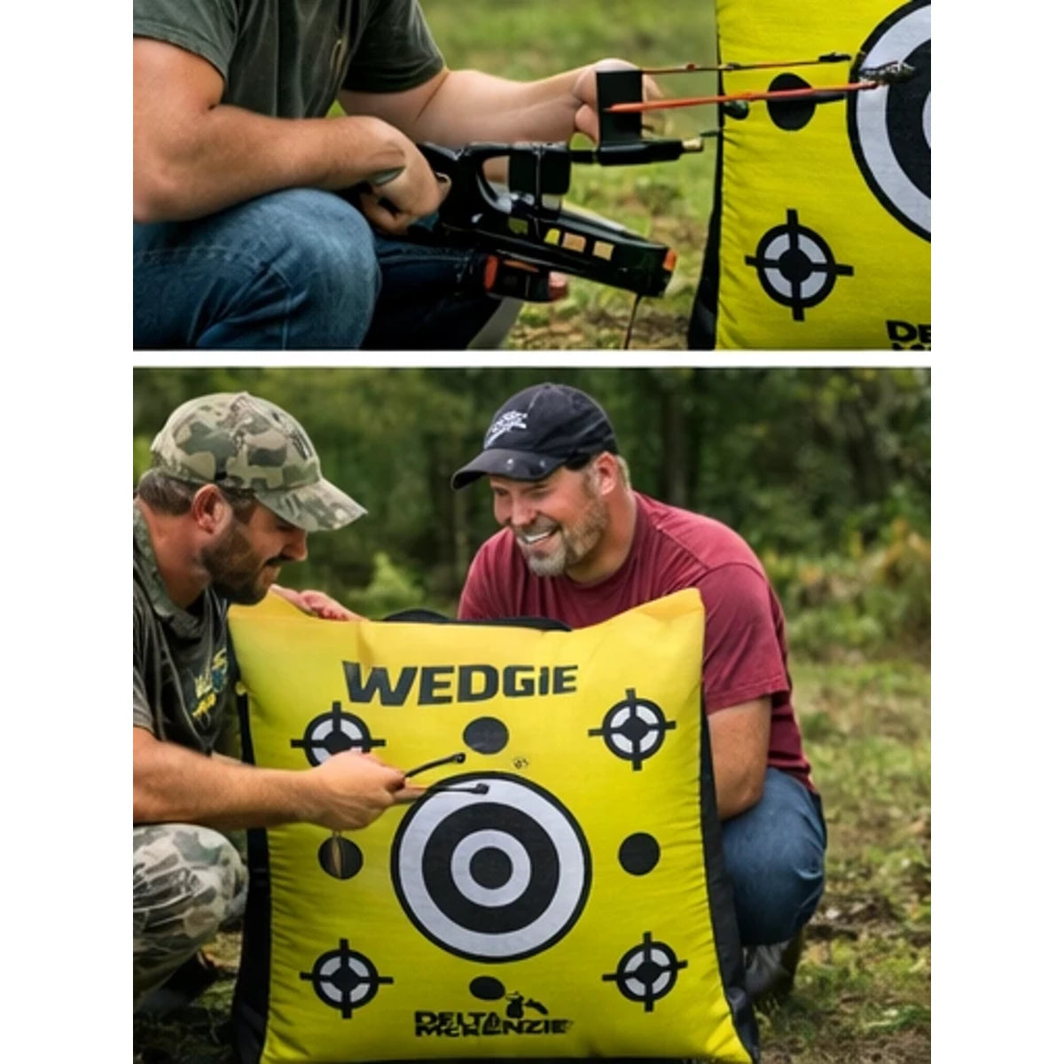 Two archers using a yellow archery target with a black and white bullseye design outdoors.