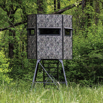 G78R: Texas Hunter Wrangler Rifle Octagon Shaped Camo Aluminum 5' x 7' Deer Blind with 8' Tower, Full Door, Stairs and Handrails