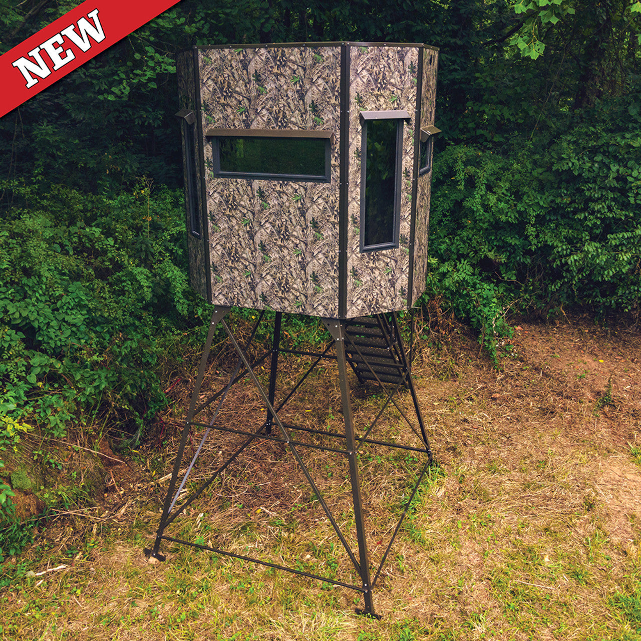 G78C: Texas Hunter Wrangler Octagon Shaped Camo Aluminum 5' x 7' Deer Blind with 8' Tower, Full Door, Stairs and Handrails